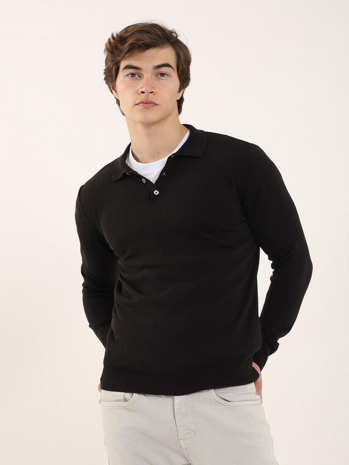 Siyah Erkek Slim Fit Düz Klasik Polo Yaka Triko 