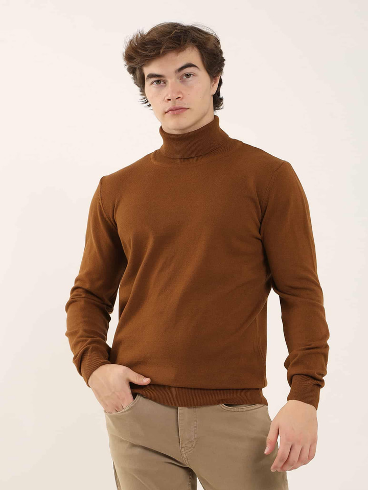 Tütün Erkek Slim Fit Düz Klasik Tam Balıkçı Yaka Triko 