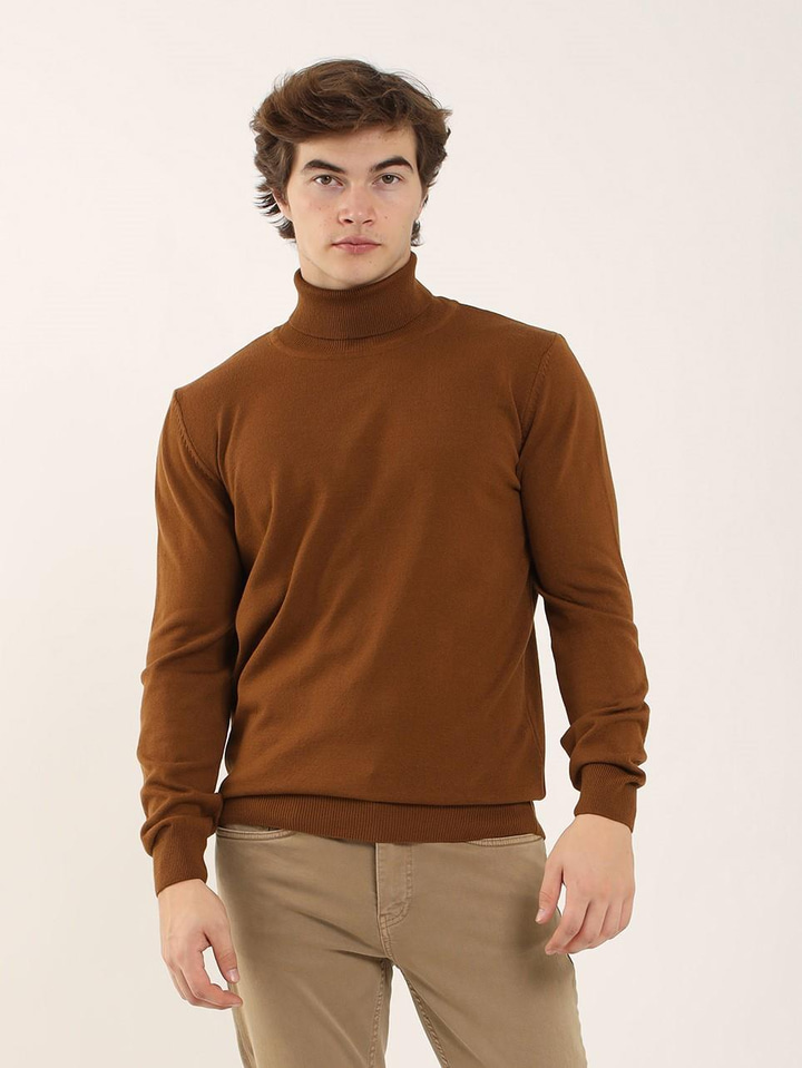 Tütün Erkek Slim Fit Düz Klasik Tam Balıkçı Yaka Triko 