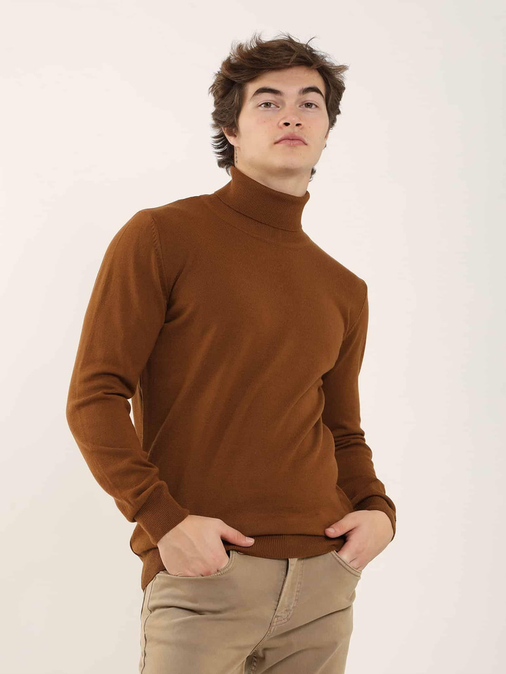 Tütün Erkek Slim Fit Düz Klasik Tam Balıkçı Yaka Triko 