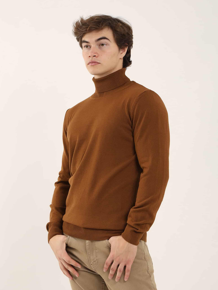 Tütün Erkek Slim Fit Düz Klasik Tam Balıkçı Yaka Triko 