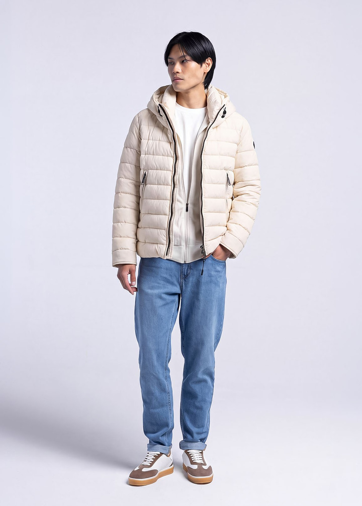 Erkek Slim Fit Kapüşonlu Bej Mont