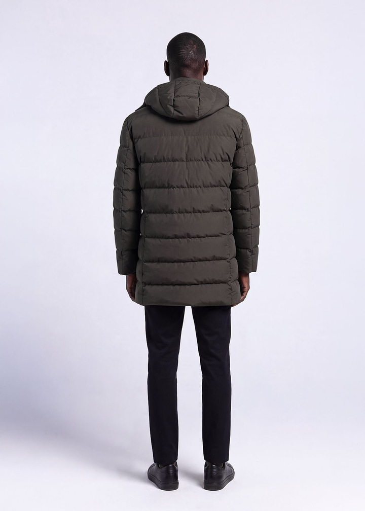 Erkek Slim Fit Kapüşonlu Haki Mont