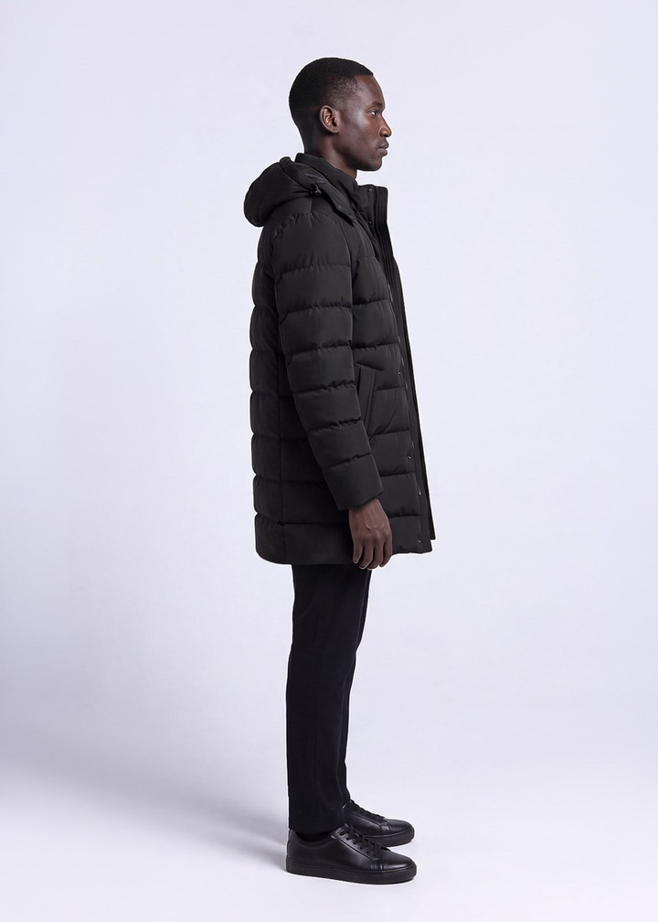 Erkek Slim Fit Kapüşonlu Siyah Mont