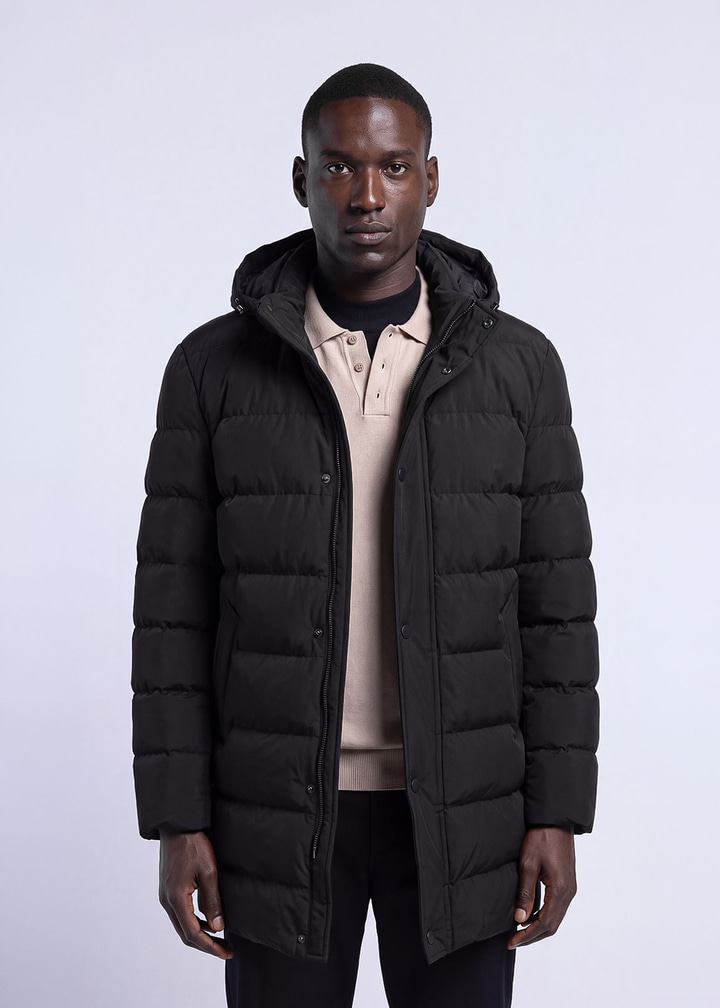 Erkek Slim Fit Kapüşonlu Siyah Mont