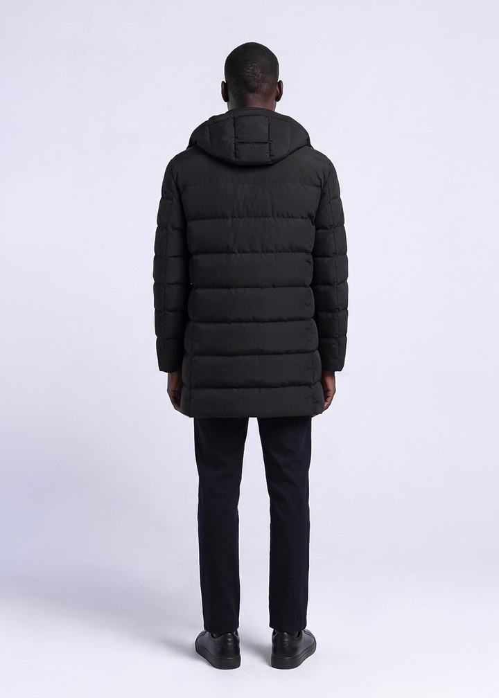 Erkek Slim Fit Kapüşonlu Siyah Mont