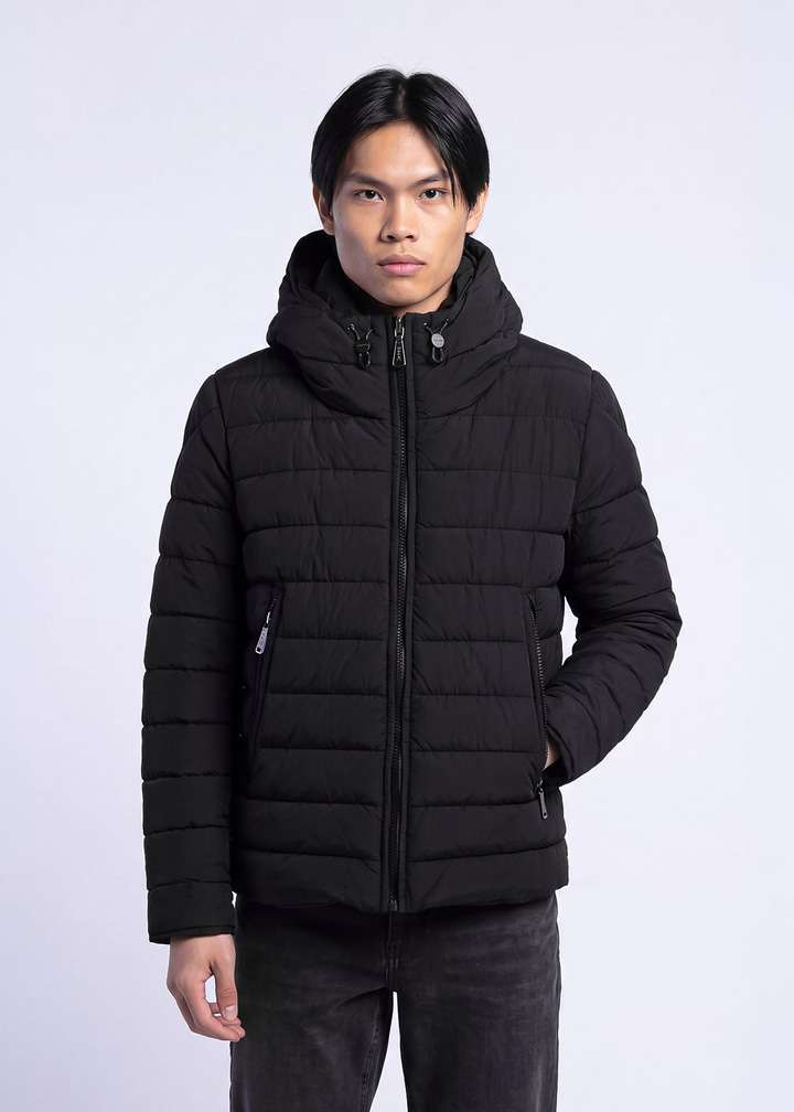 Erkek Slim Fit Kapüşonlu Siyah Mont