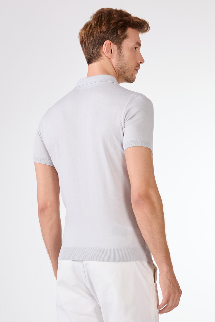 Açık Gri Polo Fermuar Yaka Baklava Desen Slim Fit Triko Tshirt