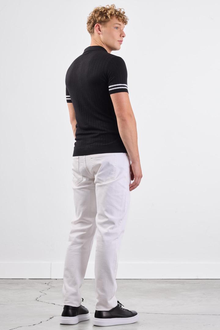Siyah Polo Yaka Düğmeli Fitilli Düz Renk Slim Fit Triko T-shirt