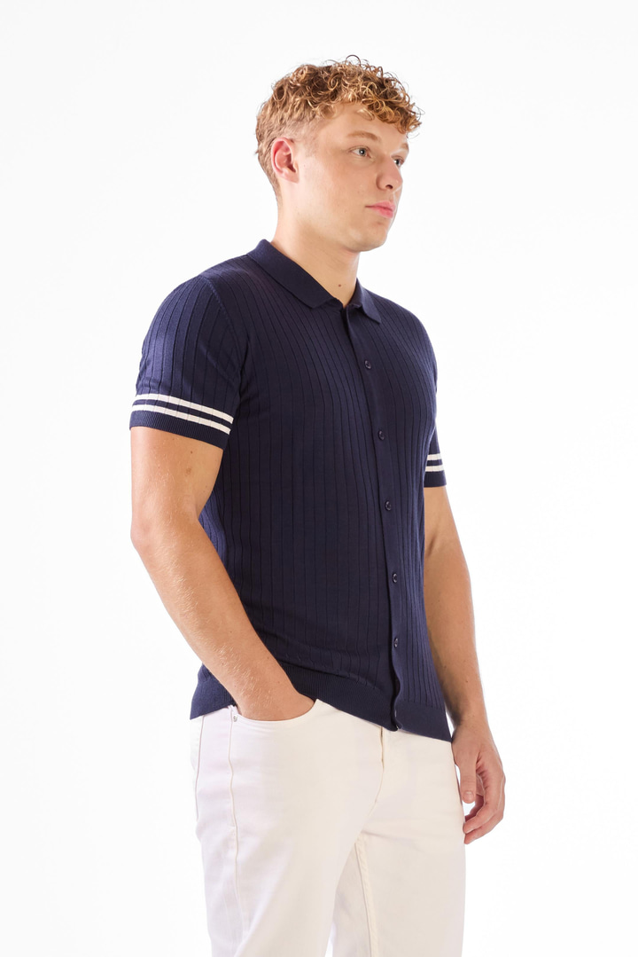 Lacivert Polo Yaka Düğmeli Fitilli Düz Renk Slim Fit Triko T-shirt