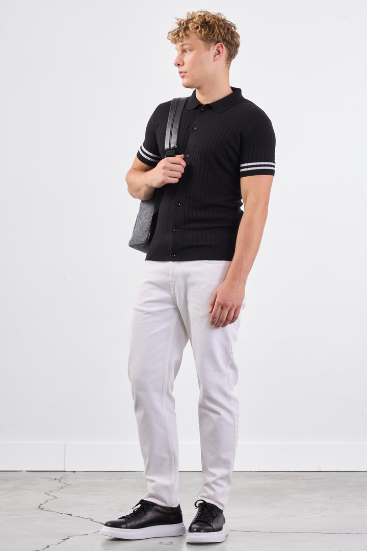 Siyah Polo Yaka Düğmeli Fitilli Düz Renk Slim Fit Triko T-shirt