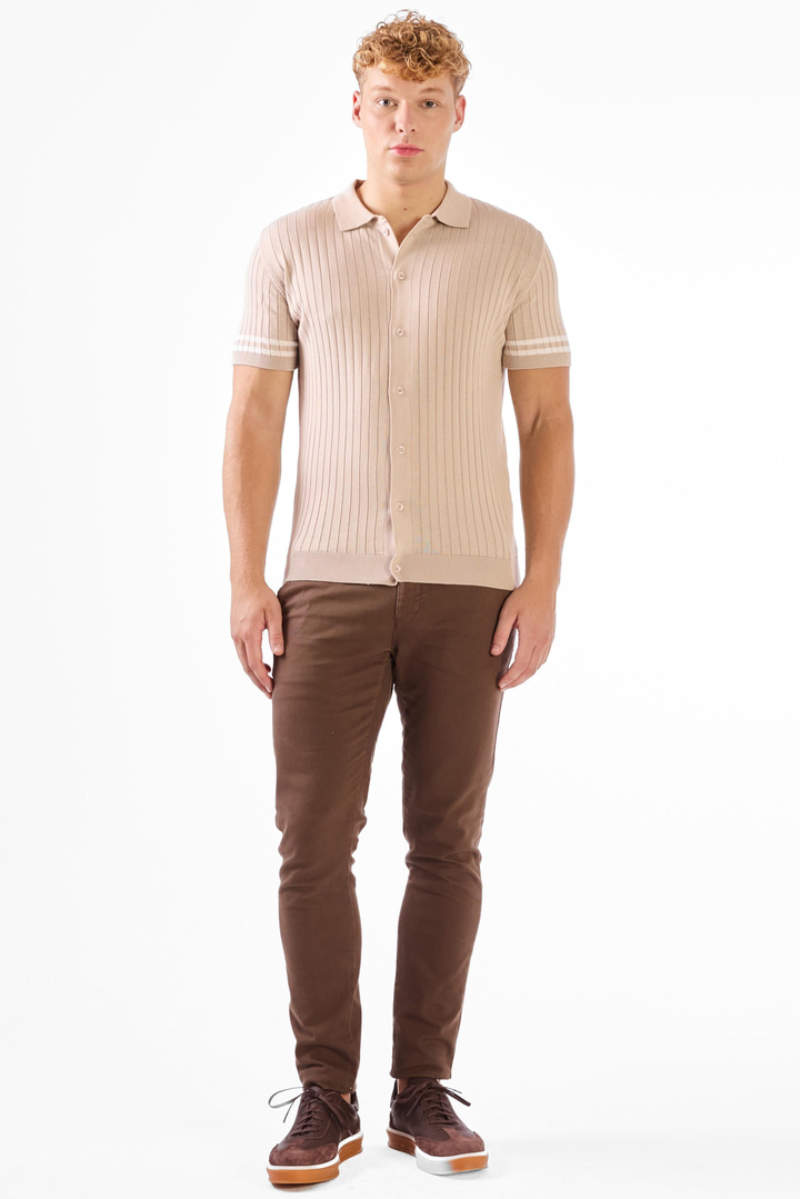 Açık Bej Polo Yaka Düğmeli Fitilli Düz Renk Slim Fit Triko Tshirt