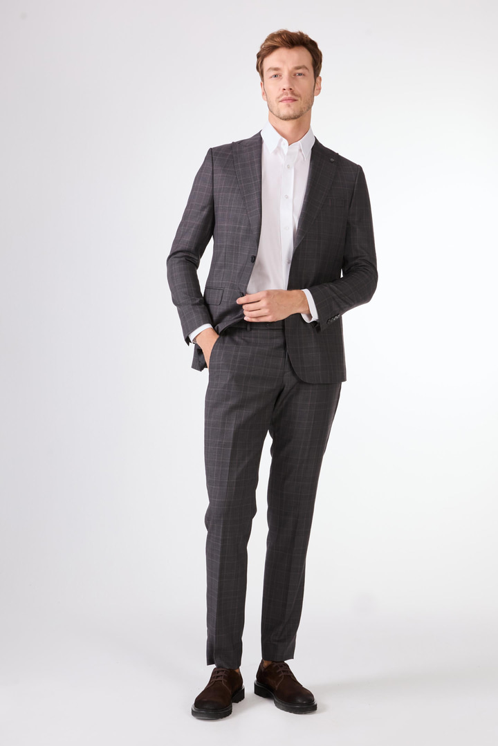 Gri Balıksırtı Slim Fit Erkek Takım Elbise