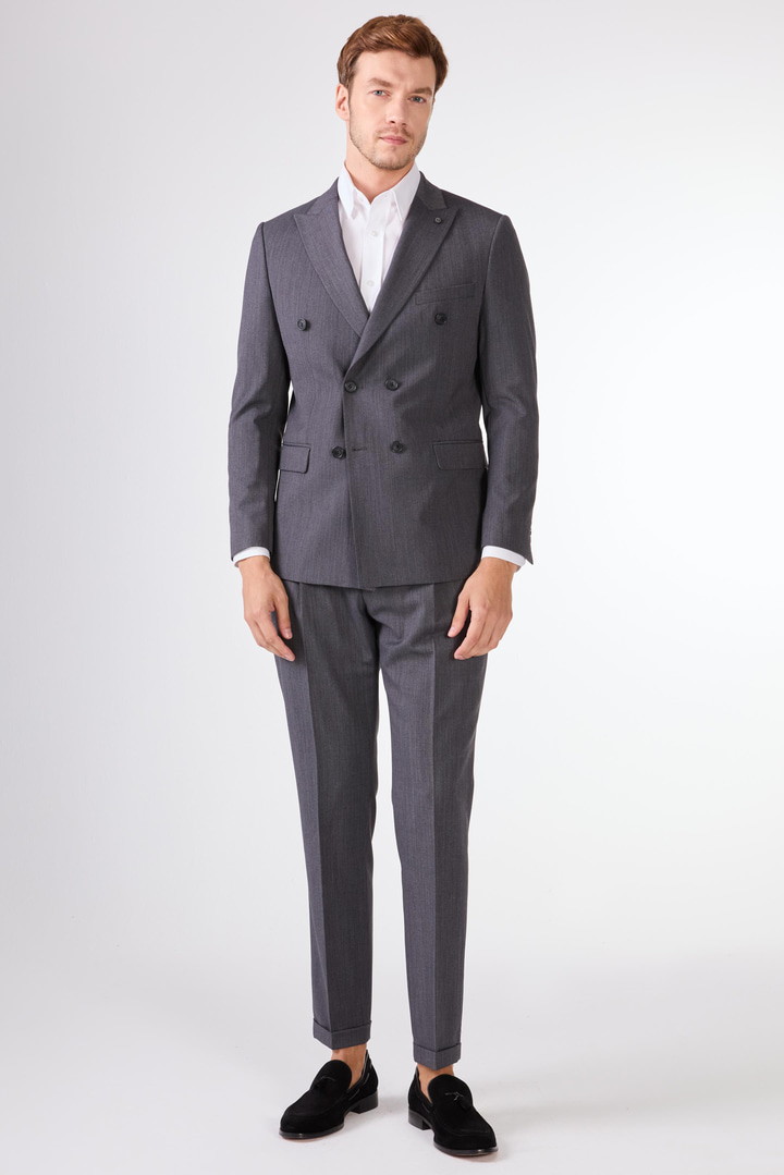 Erkek Slim Fit Sivri Yaka Gri Takım Elbise