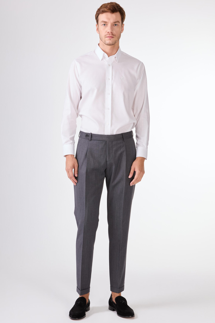 Erkek Slim Fit Sivri Yaka Gri Takım Elbise