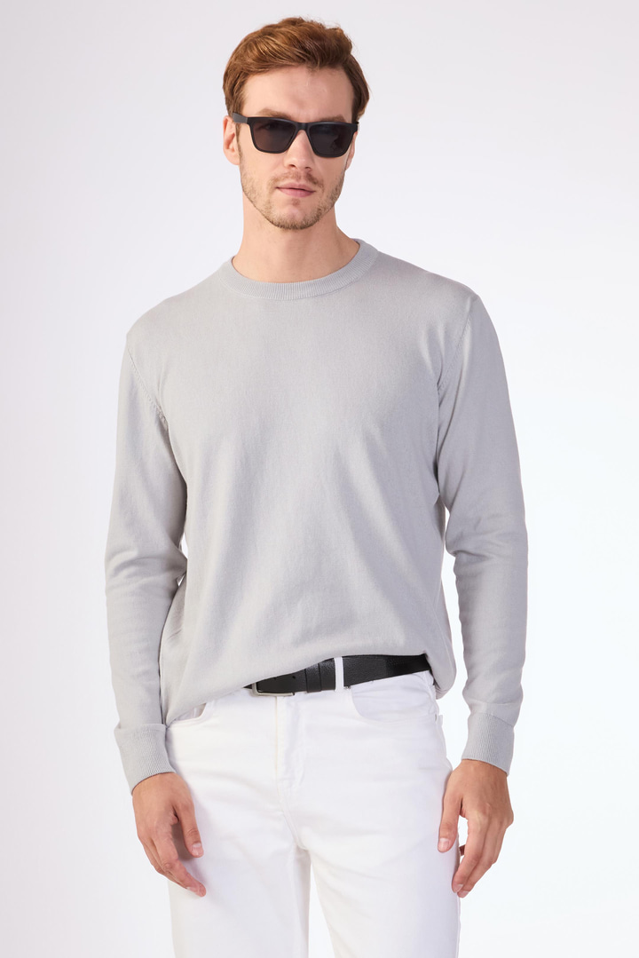 Gri Bisiklet Yaka %100 Pamuk Düz Renk Slim Fit Erkek Triko