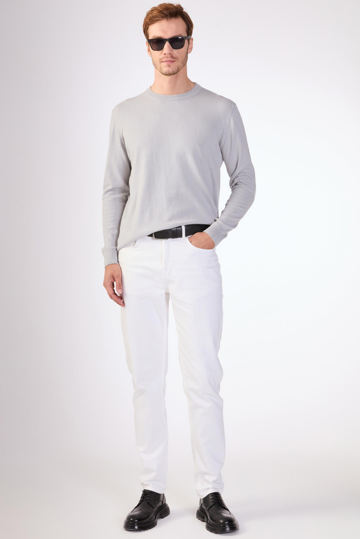 Gri Bisiklet Yaka %100 Pamuk Düz Renk Slim Fit Erkek Triko