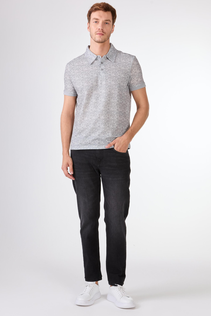 Gri Erkek Ekstra Slim Fit Desenli Casual Polo Yaka T-shirt 