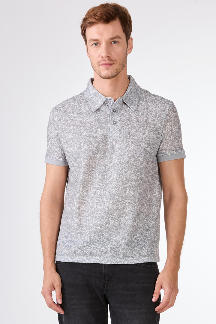 Gri Erkek Ekstra Slim Fit Desenli Casual Polo Yaka T-shirt 
