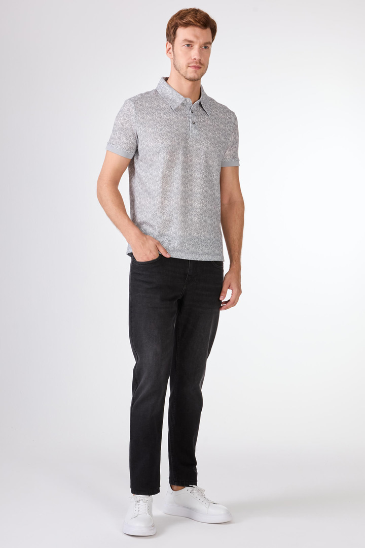 Gri Erkek Ekstra Slim Fit Desenli Casual Polo Yaka T-shirt 