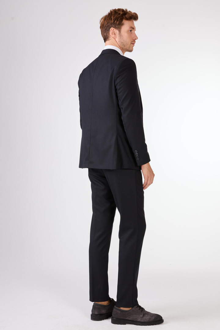 Koyu Lacivert Armürlü Slim Fit Casual Takım Elbise