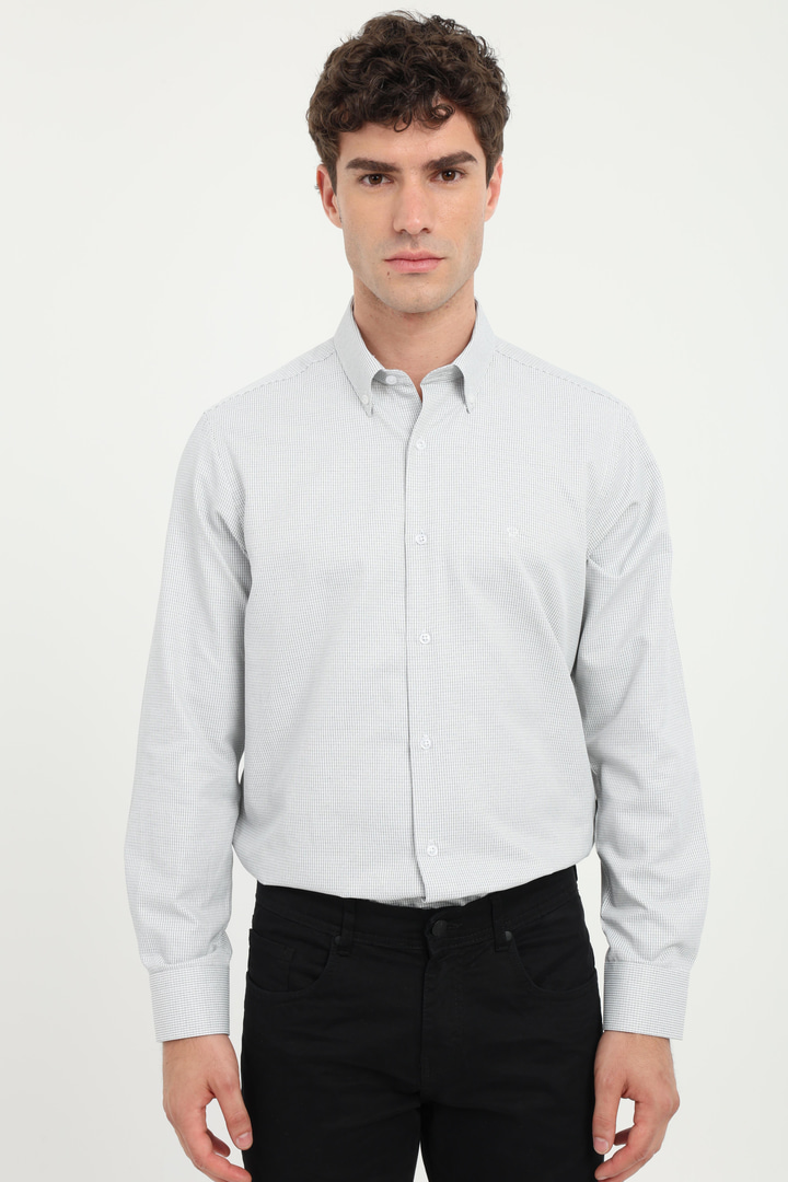 Koyu Gri Kare Desen Klasik Yaka Regular Fit Erkek Gömlek