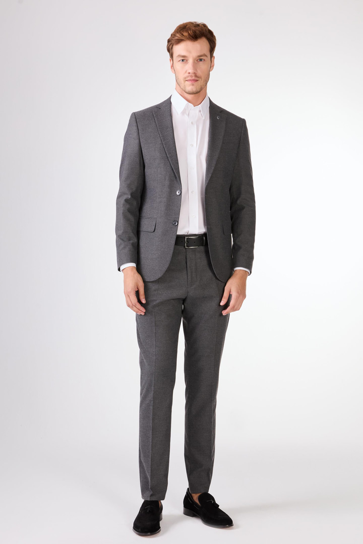 Koyu Gri Mono Yaka Slim Fit Casual Takım Elbise