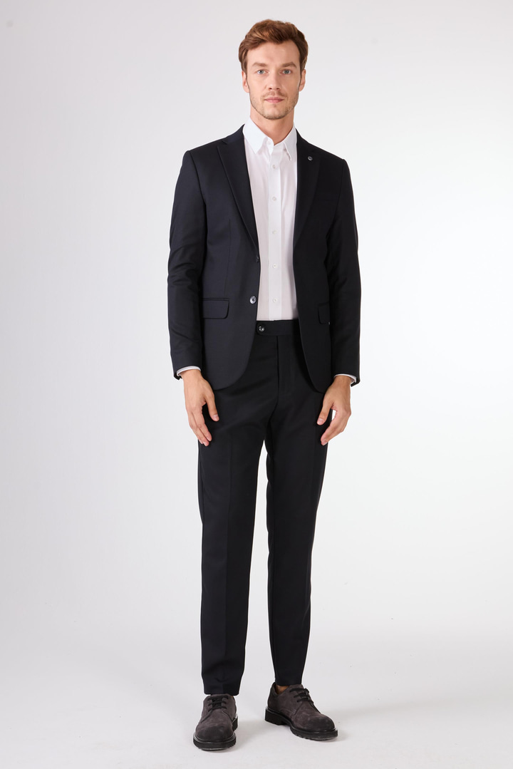 Koyu Lacivert Armürlü Slim Fit Casual Takım Elbise