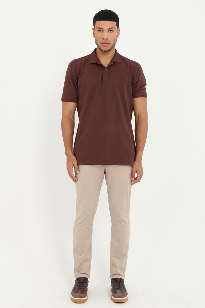 Kahve Polo Yaka Pamuklu Düz Renk Slim Fit Erkek T