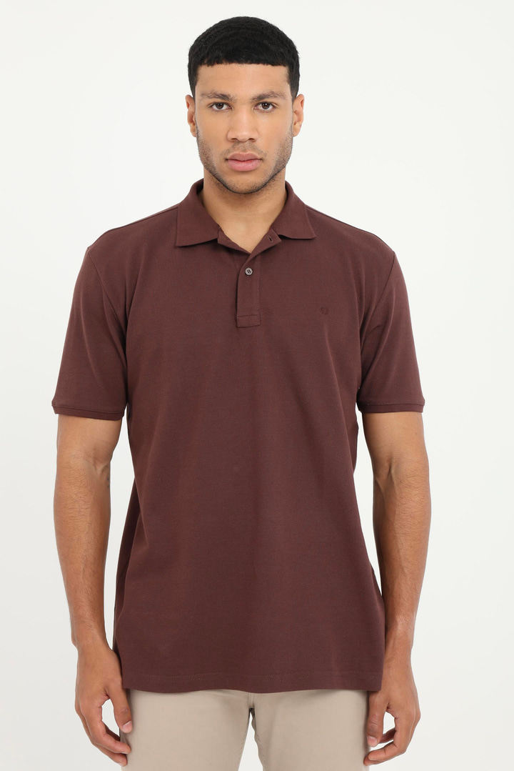 Kahve Polo Yaka Pamuklu Düz Renk Slim Fit Erkek T