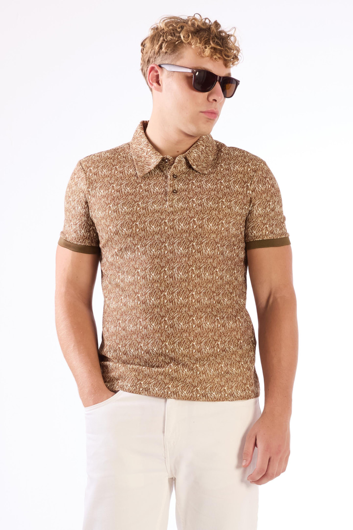 Kahverengi Erkek Ekstra Slim Fit Desenli Casual Polo Yaka T-shirt 