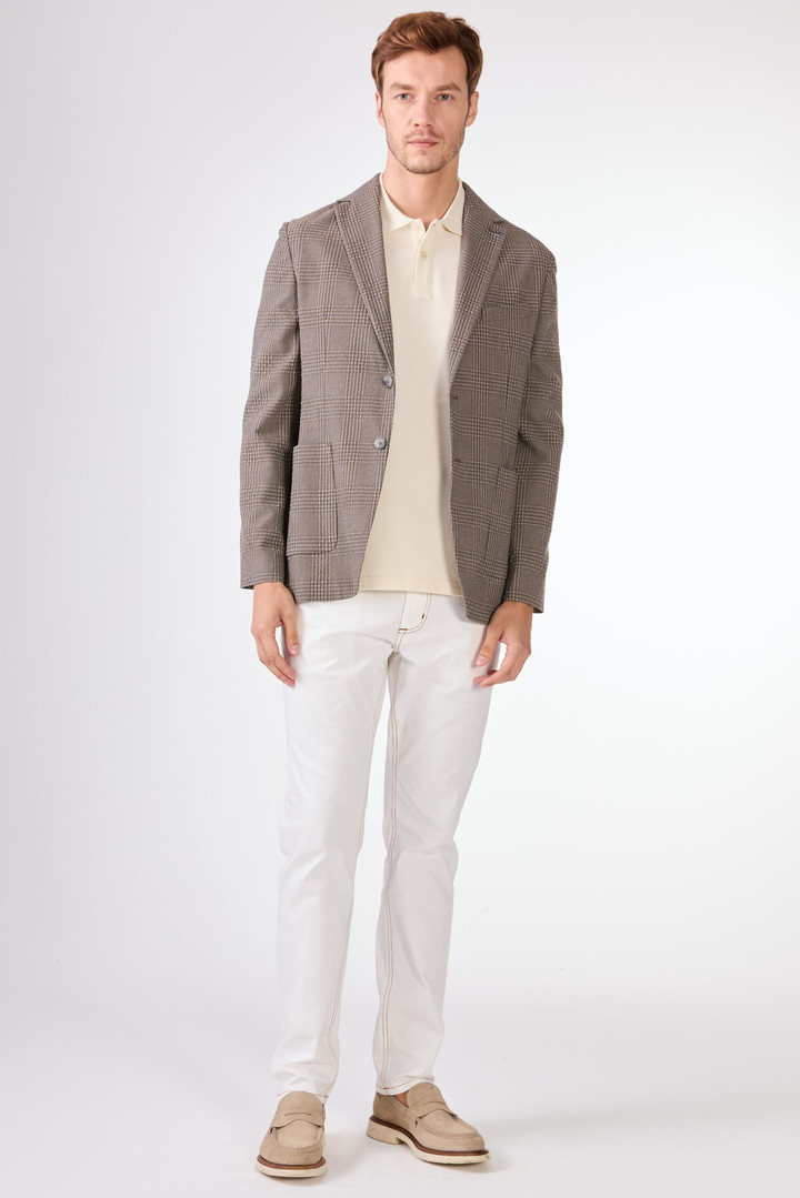Kahverengi Erkek Slim Fit Ekose Desenli Mono Yaka Ceket 
