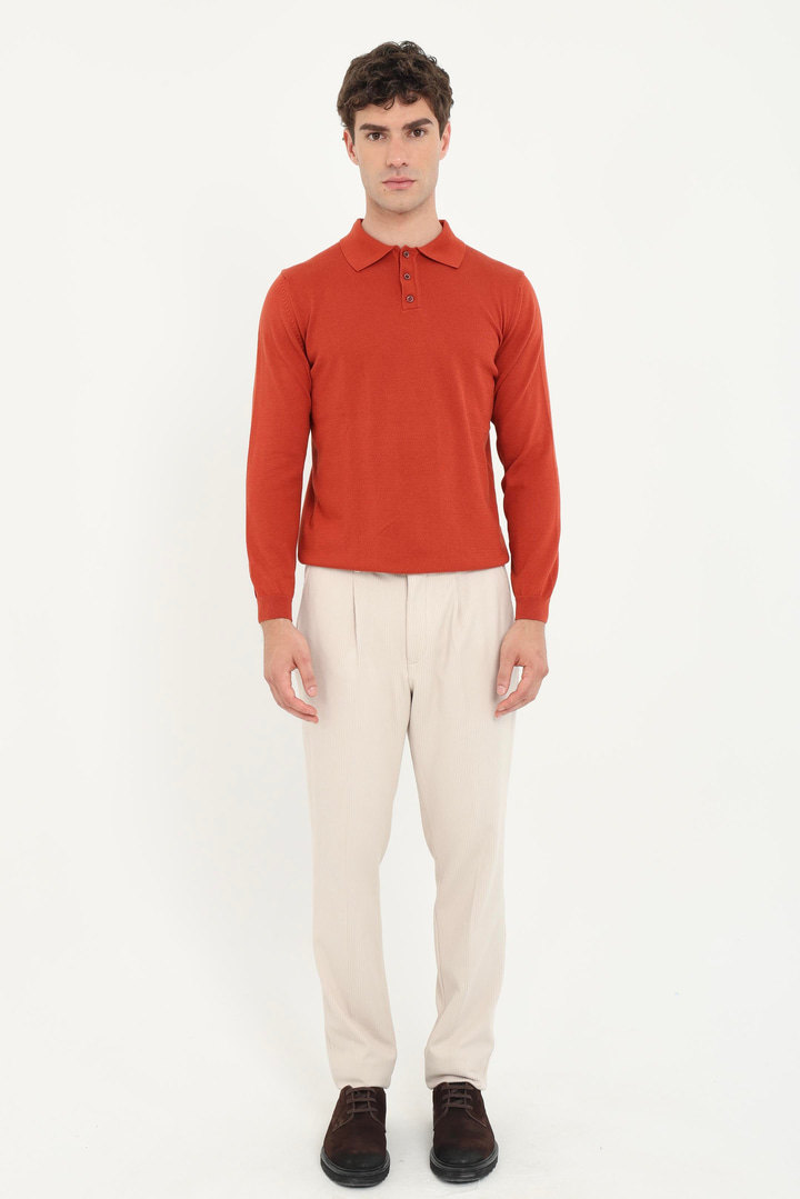 Kiremit Polo Yaka Düz  Regular Fit Erkek Triko