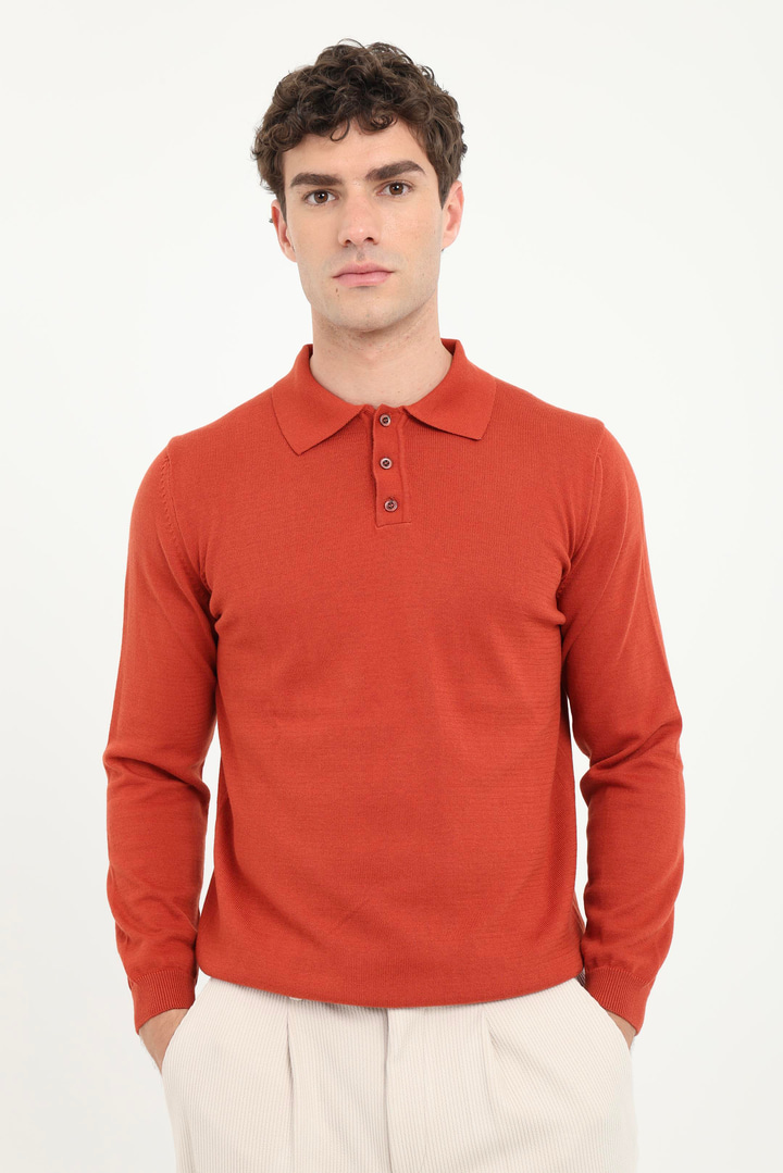 Kiremit Polo Yaka Düz  Regular Fit Erkek Triko