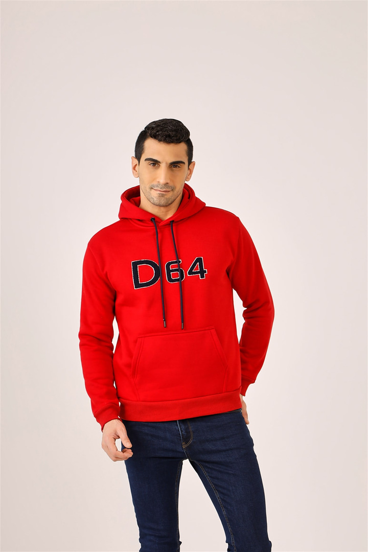 Kırmızı Erkek Regular Fit Baskılı Kapüşonlu   Sweatshirt 