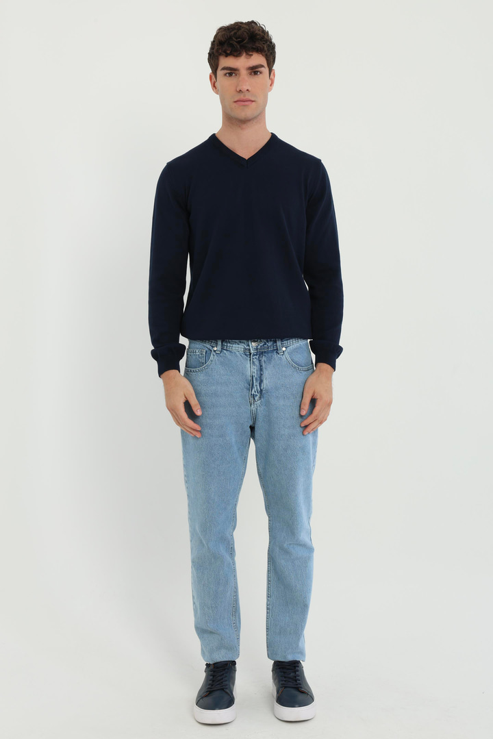 Lacivert V Yaka Regular Fit Düz Erkek Triko