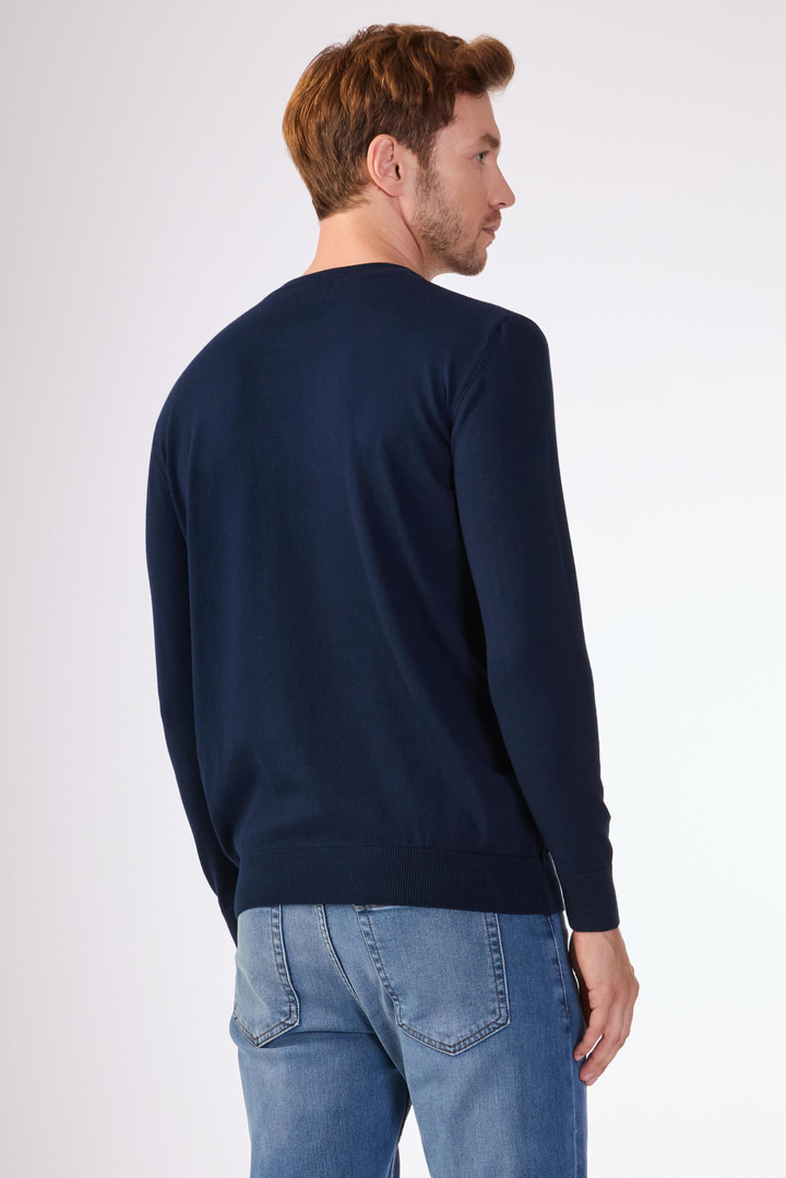Lacivert Bisiklet Yaka %100 Pamuk Düz Renk Slim Fit Erkek Triko