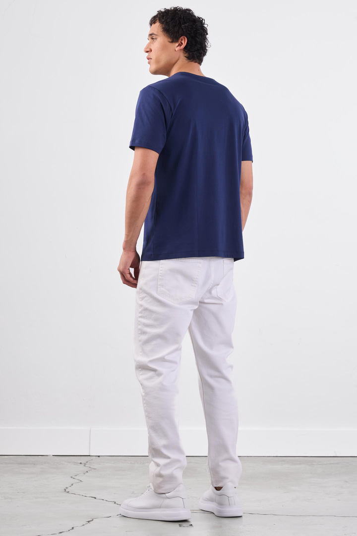 Lacivert Bisiklet Yaka Pamuklu Düz Renk Slim Fit Erkek T-shirt