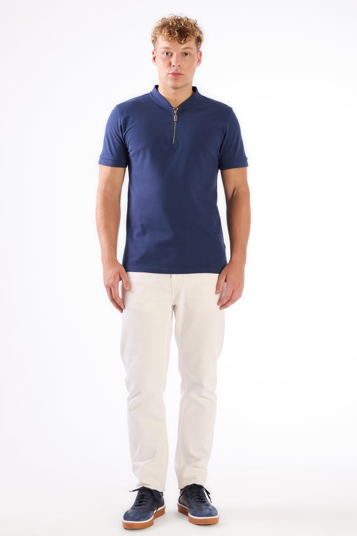 Lacivert Erkek Slim Fit Düz Bomber Yaka T-shirt 