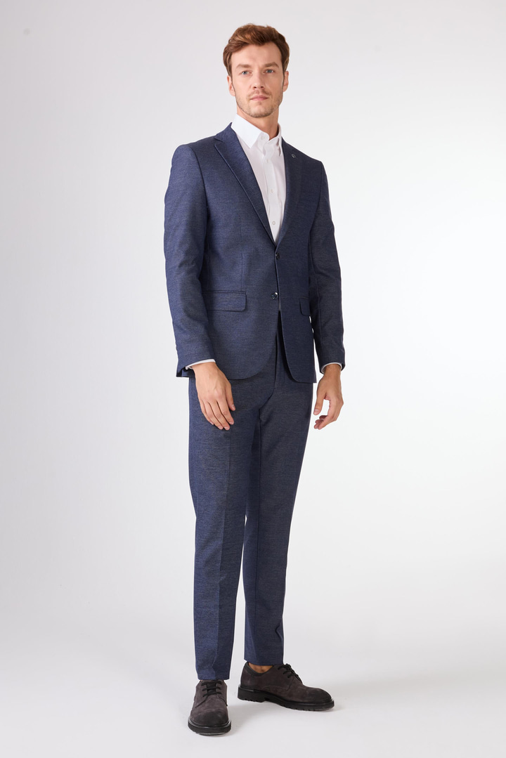 Lacivert Örgü Armürlü Slim Fit Casual Takım Elbise