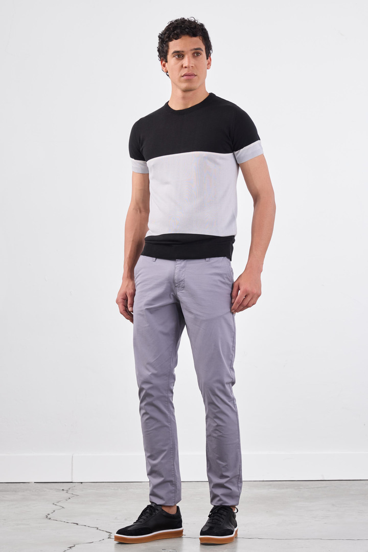 Siyah Bisiklet Yaka Çift Renk Slim Fit Triko Tshirt