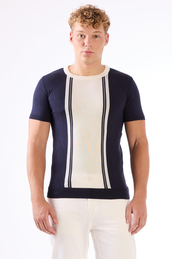 Lacivert Bisiklet Yaka Çift Renk Slim Fit Triko Tshirt