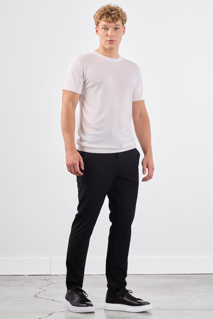 Ekru O Yaka Düz Renk Kısa Kollu Slim Fit Triko Tshirt