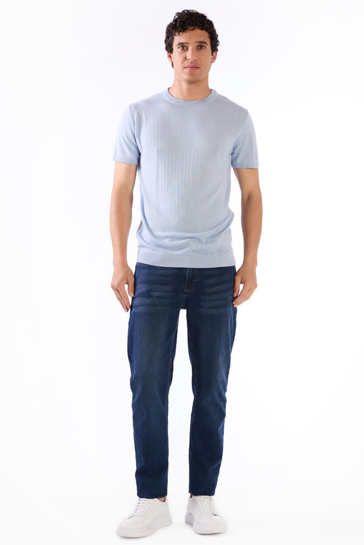 Buz Mavisi O Yaka Düz Renk Kısa Kollu Slim Fit Triko Tshirt