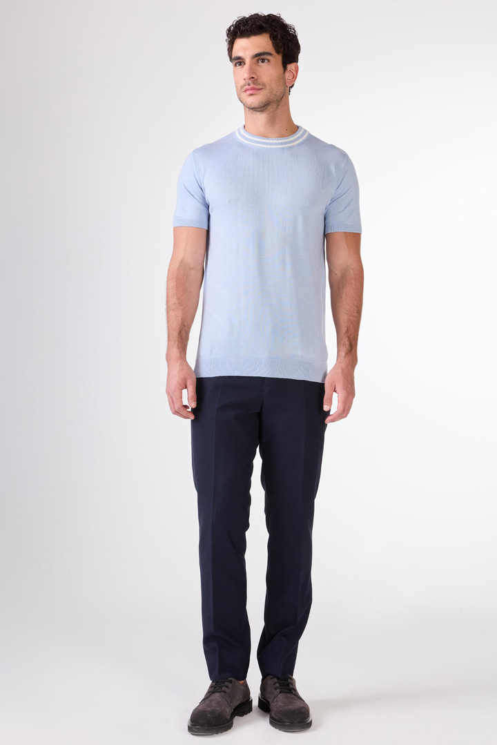 Buz Mavisi O Yaka Düz Renk Kısa Kollu Slim Fit Triko Tshirt
