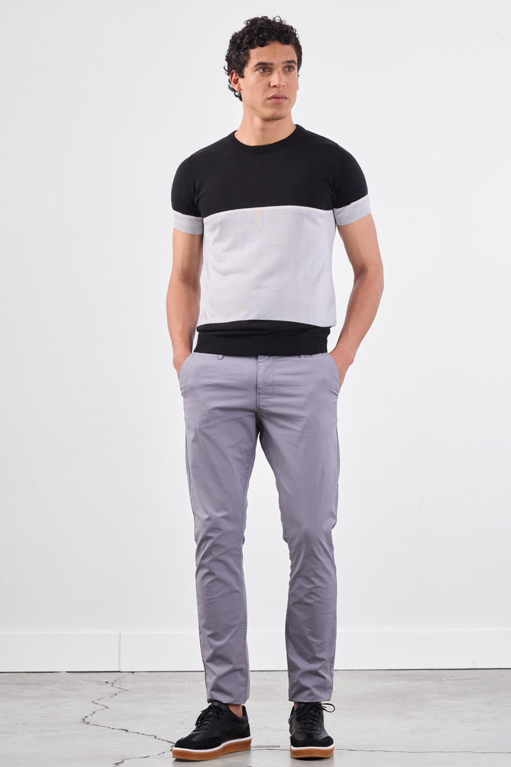 Siyah Bisiklet Yaka Çift Renk Slim Fit Triko Tshirt