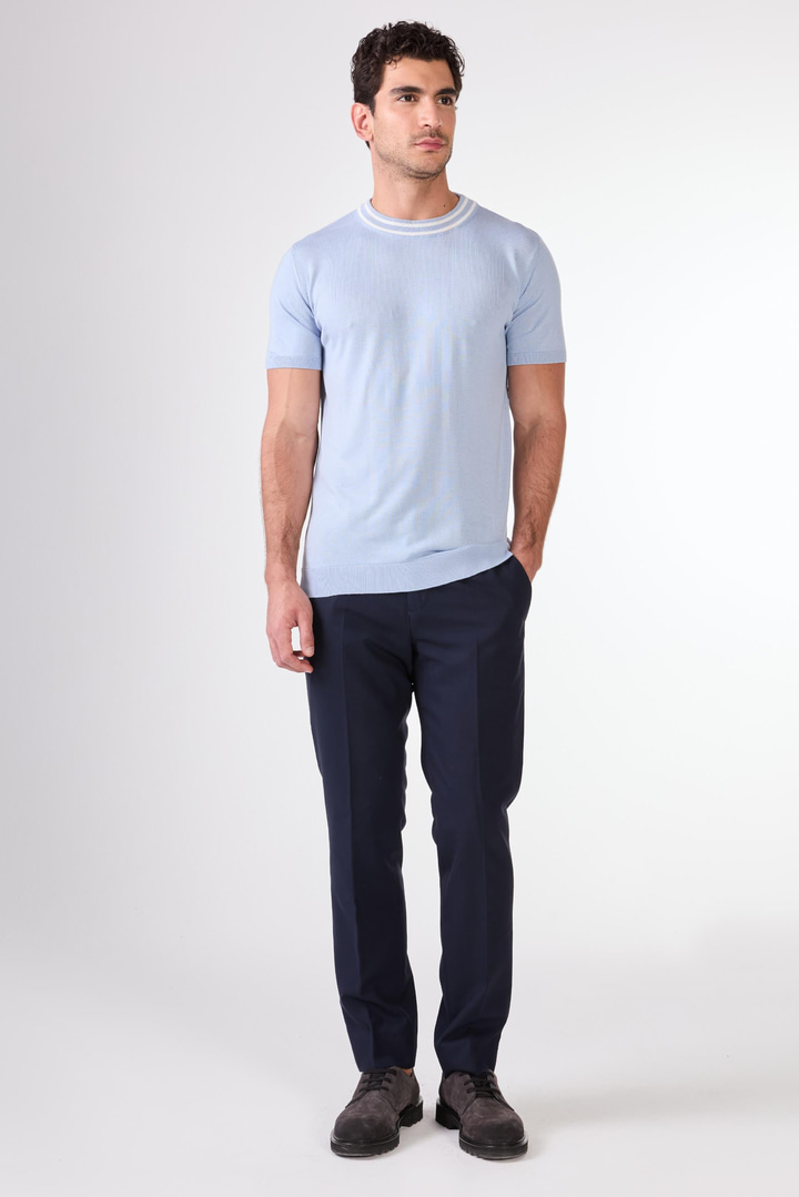 Buz Mavisi O Yaka Düz Renk Kısa Kollu Slim Fit Triko Tshirt