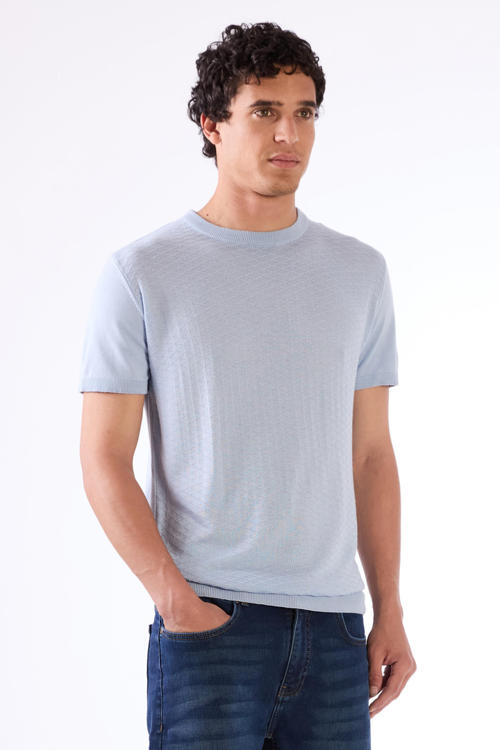Buz Mavisi O Yaka Düz Renk Kısa Kollu Slim Fit Triko Tshirt