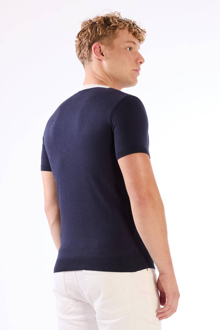 Lacivert Bisiklet Yaka Çift Renk Slim Fit Triko Tshirt
