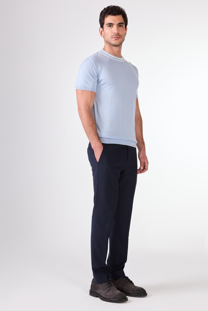 Buz Mavisi O Yaka Düz Renk Kısa Kollu Slim Fit Triko Tshirt